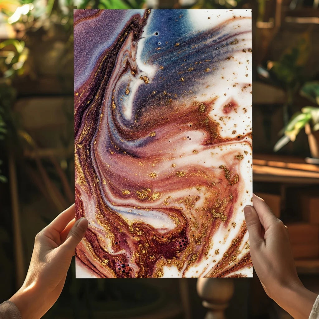 Swirling abstract insigne aluminum print in purple, blue, rose gold