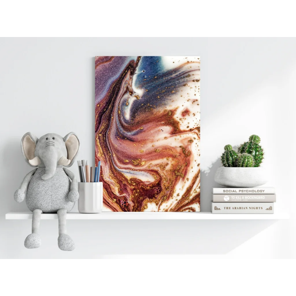 Vibrant abstract marbled insigne aluminum print in blues, purples, copper, gold