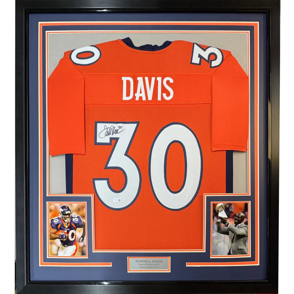 Signed Terrell Davis Denver Broncos jersey with inset photos and plaque for wall display
