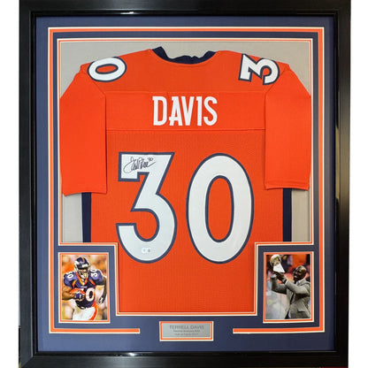 Signed Terrell Davis Denver Broncos jersey with inset photos and plaque for wall display