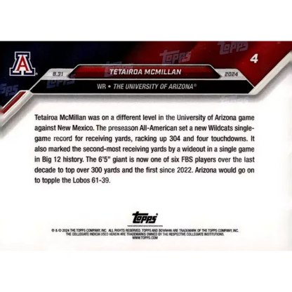 Football trading card of Tetairoa McMillan, Arizona Wildcats wide receiver, in the product Tetairoa McMillan Arizona Wildcats Authentic Trading Card