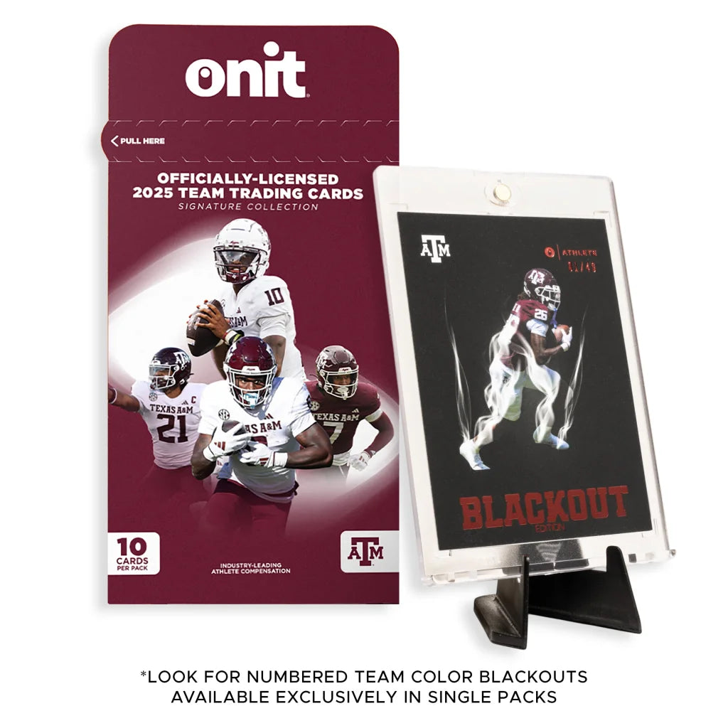 Texas A&M football trading cards single pack with maroon white onit 2025 card in acrylic display
