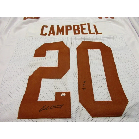 White Texas Longhorns signed autographed football jersey with Campbell 20 number in burnt orange