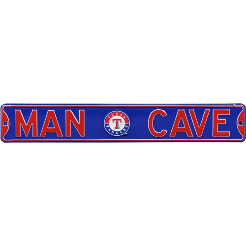 Texas Rangers Man Cave authentic street sign with blue rectangle and red lettering