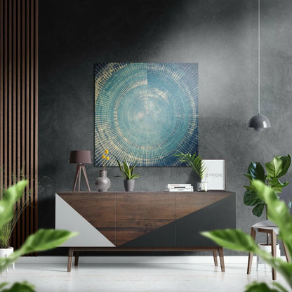 Abstract teal silver concentric circles on brushed aluminium dibond art on dark wall
