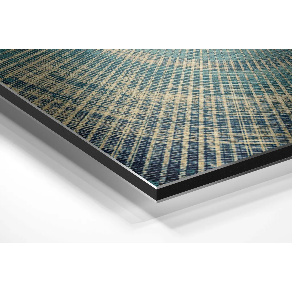 Glass Wall Art Modern abstract teal beige lines brushed aluminium dibond print in black frame