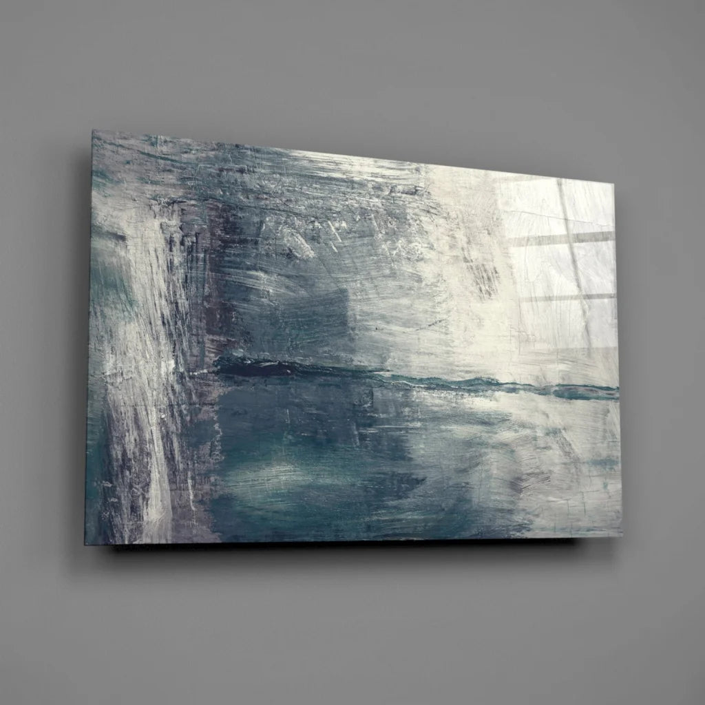 Textured teal and white abstract canvas wall art with brushstrokes