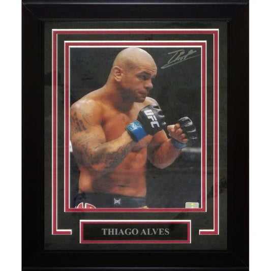 Black-framed deluxe framed 8x10 signed portrait of ufc fighter thiago alves wearing black and blue gloves