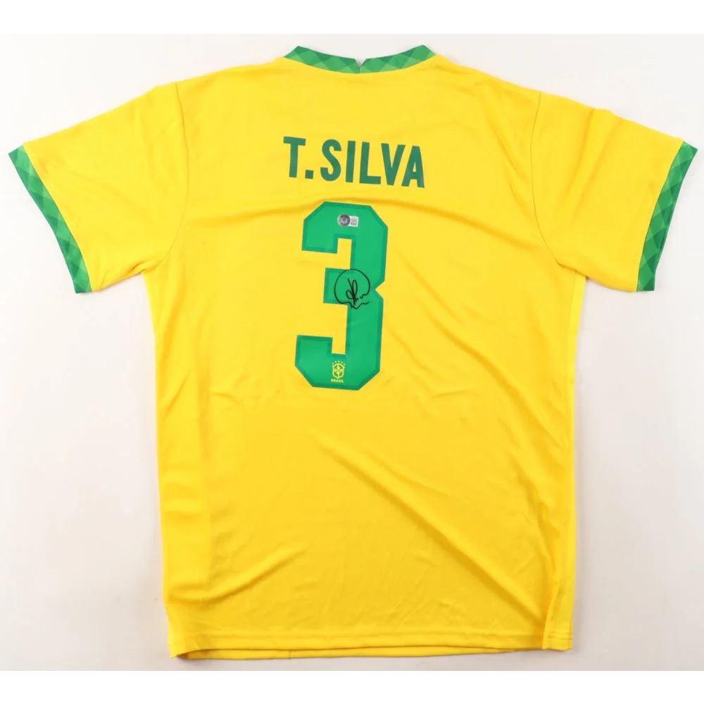 Yellow Brazil national team signed jersey with thiago silva autograph and number 3