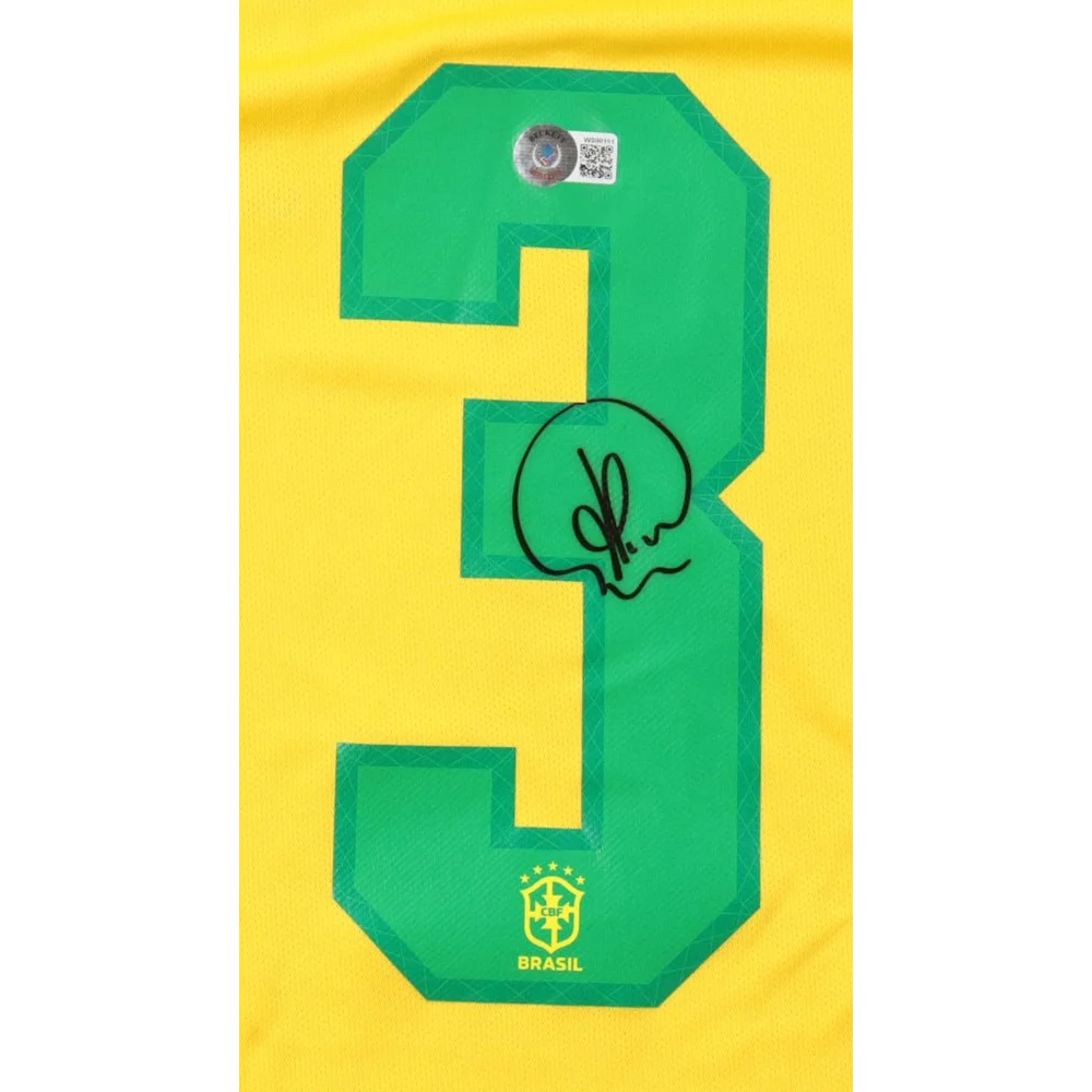 Yellow Brazil national team signed jersey with green number 3 and Thiago Silva signature