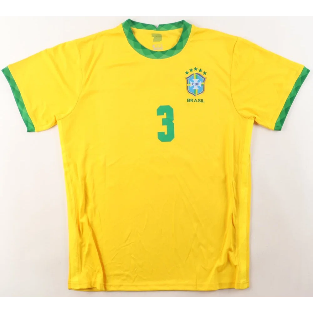 Yellow soccer jersey with green trim and number 3, signed by Thiago Silva Brazil national team