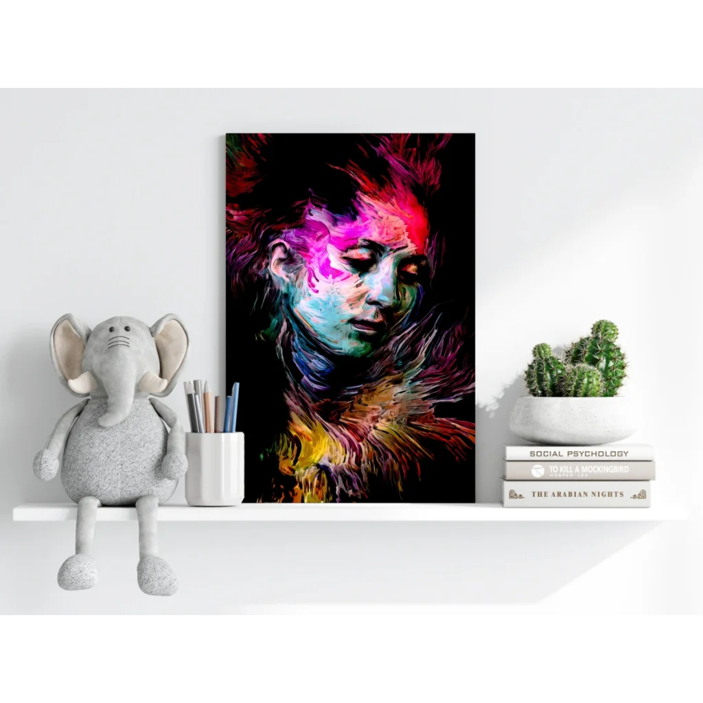 Vibrant abstract woman face on insigne aluminum prints in pink, purple, blue, yellow