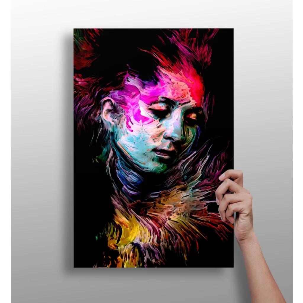 Vibrant abstract woman on insigne aluminum prints in pink, purple, teal, gold