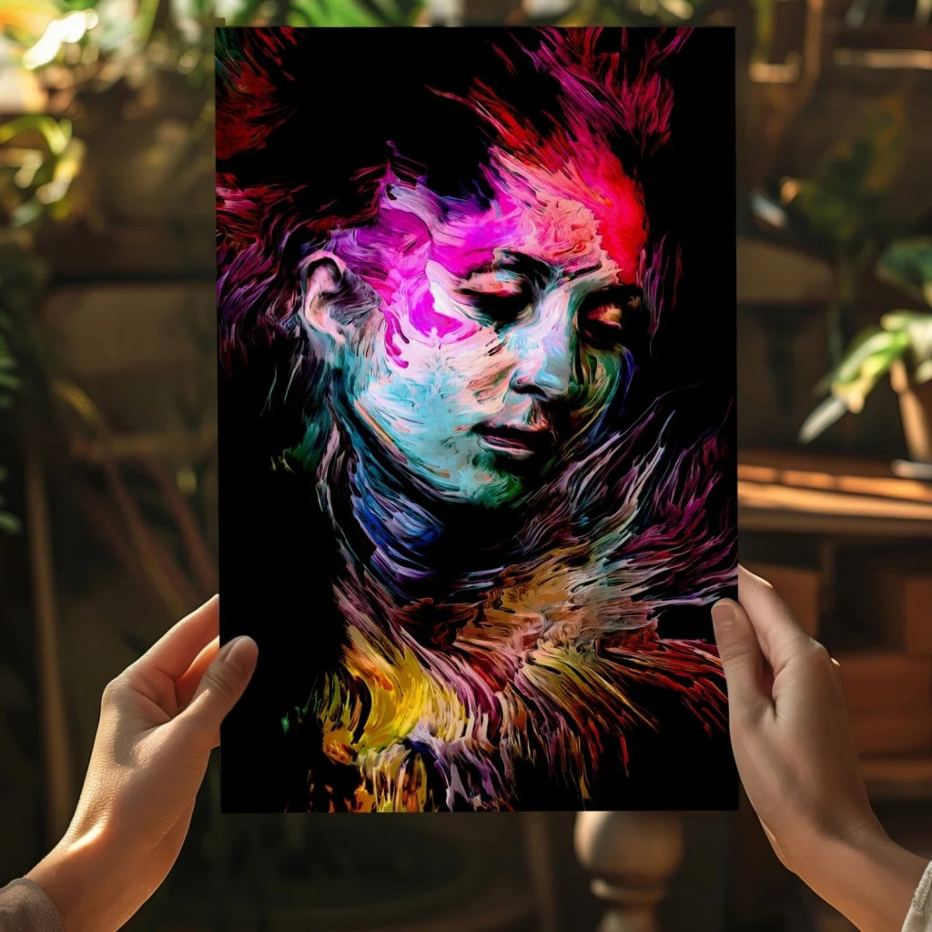 Vibrant abstract woman on insigne aluminum print with colorful swirls