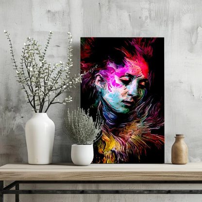 Vibrant abstract woman on insigne aluminum prints in pink purple hues