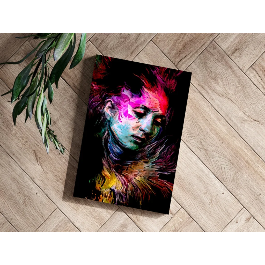 Vibrant abstract woman on insigne aluminum prints, colorful paint-splattered portrait