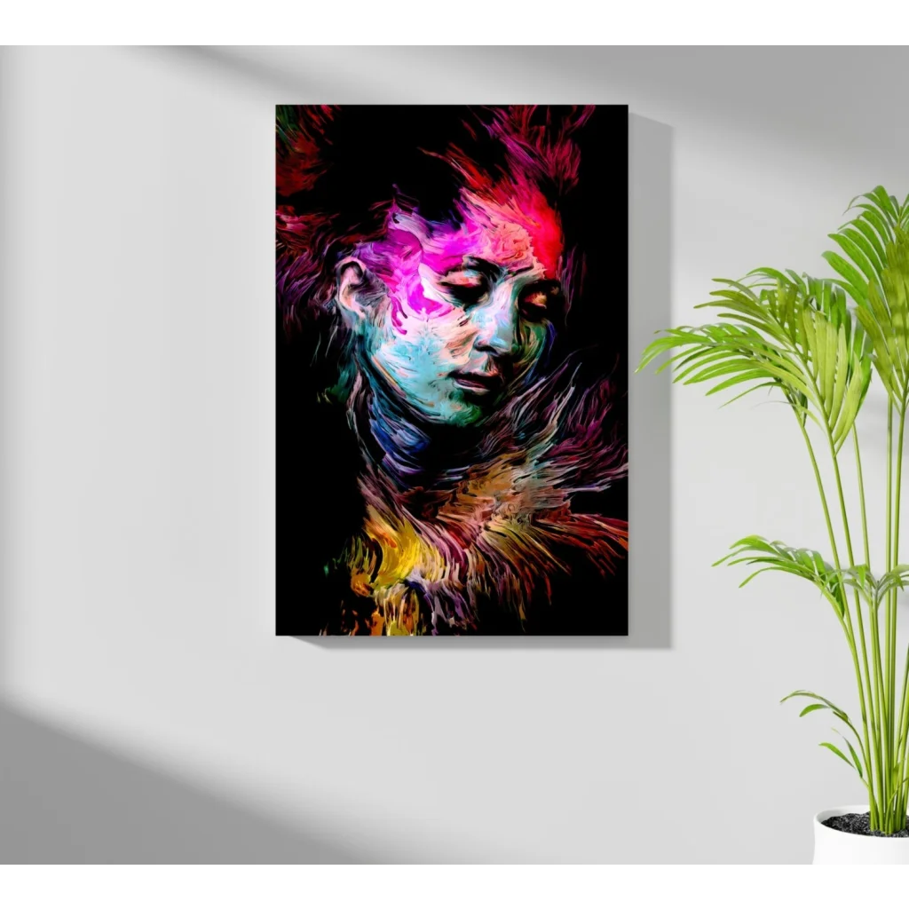 Vibrant abstract woman face on insigne aluminum prints in pink purple teal
