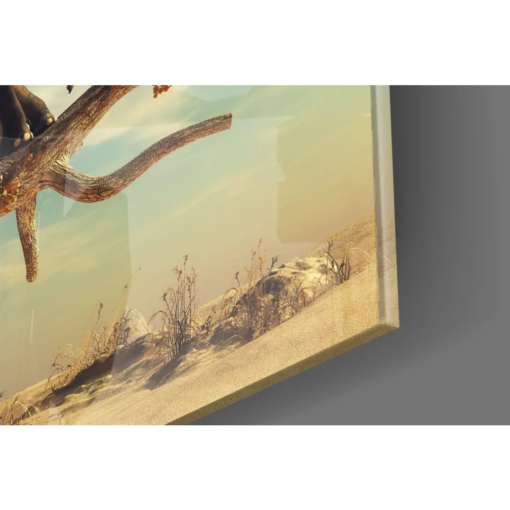 Rustic tree branch glass wall art print in golden desert landscape