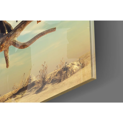 Rustic tree branch glass wall art print in golden desert landscape