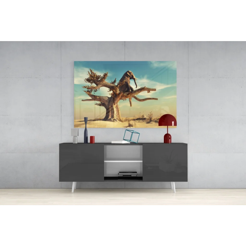 Elephant on tree branch glass wall art print with vibrant canvas scene