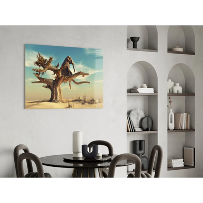 Lone elephant on gnarled tree in desert, glass wall art print