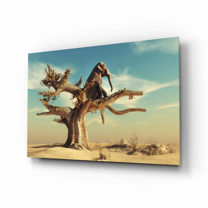 Elephant on Tree Branch Glass Wall Art Print | Insigneart USA | vintageantiquesgifts.com