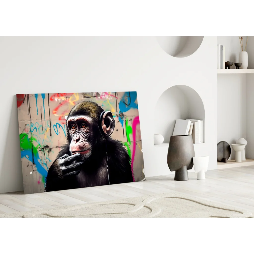 Vibrant graffiti chimp on glass wall art with neon paint splatters