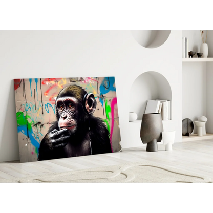 Vibrant graffiti chimp on glass wall art with neon paint splatters