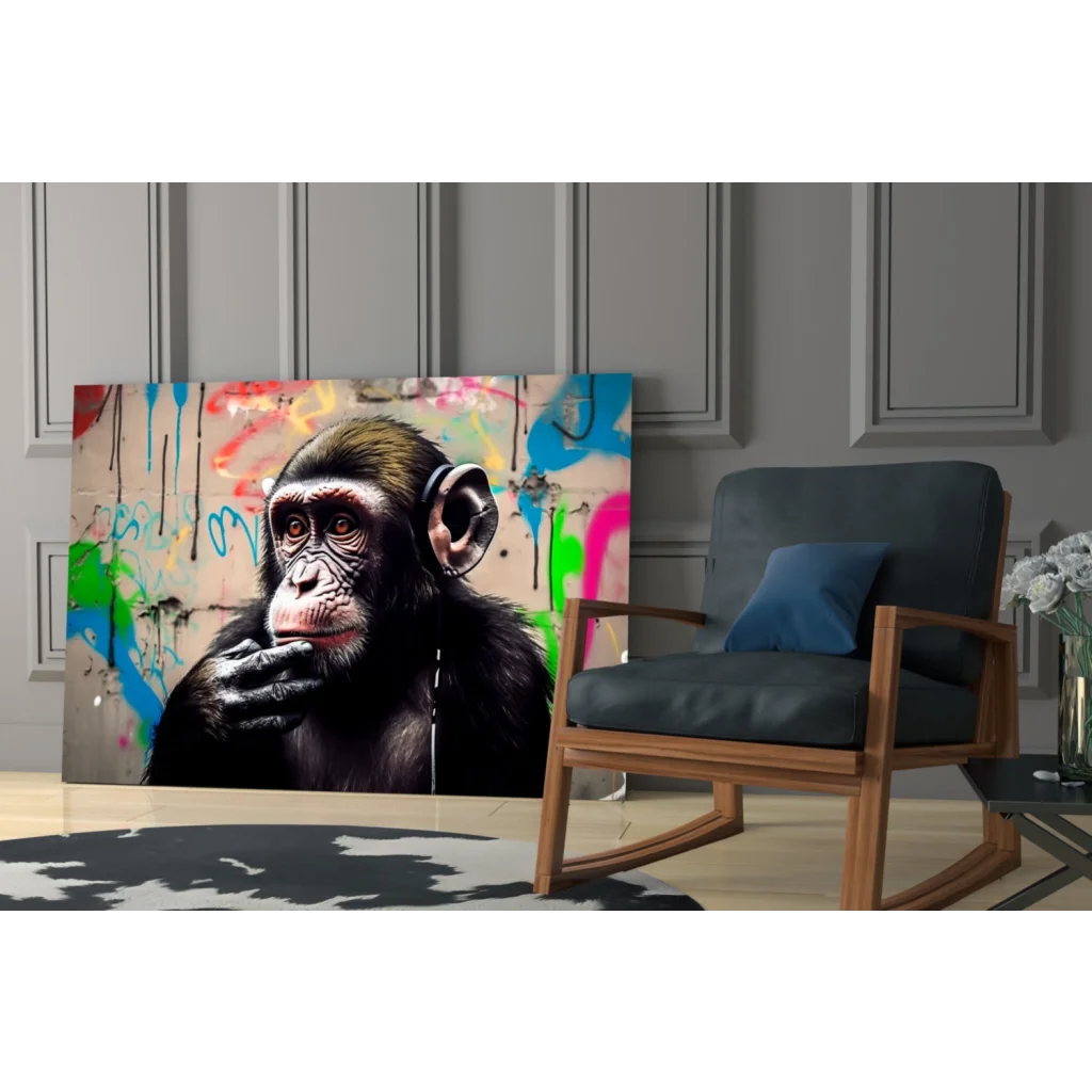 Vibrant graffiti chimp on neon splatter glass wall art