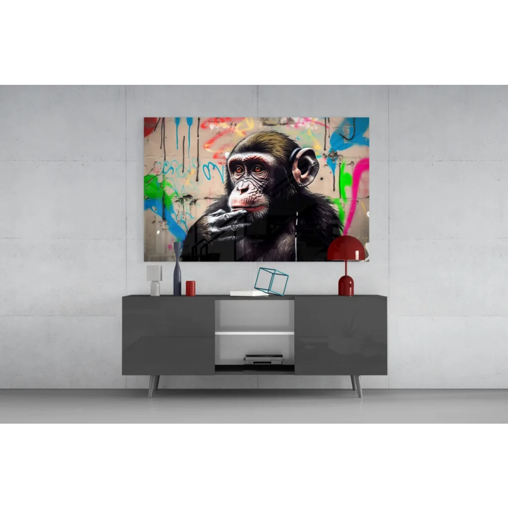 Vibrant graffiti chimp on glass wall art with neon paint splatters