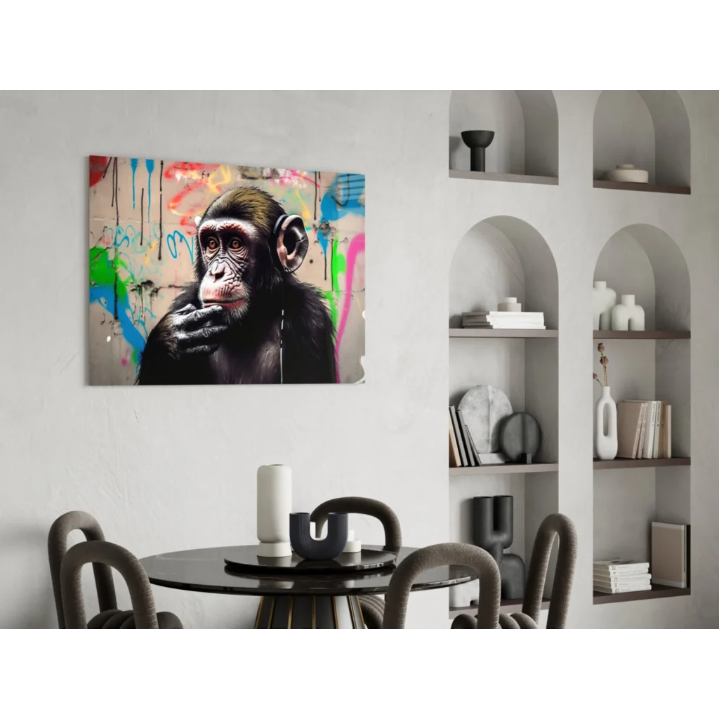 Vibrant graffiti chimp on glass wall art with neon paint splatters