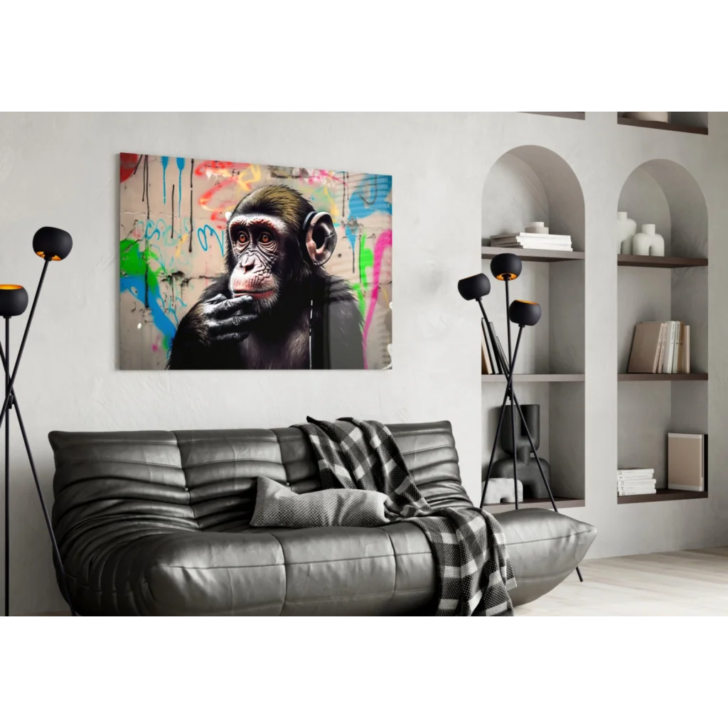 Vibrant graffiti chimp on glass wall art with neon paint splatters
