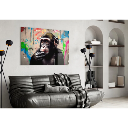 Vibrant graffiti chimp on glass wall art with neon paint splatters