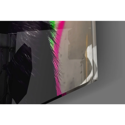 Graffiti Chimp glass wall art in sleek acrylic case with pink green accents