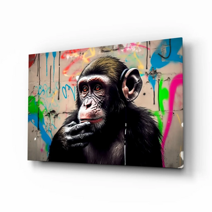 Graffiti chimp glass wall art with headphones on vibrant background