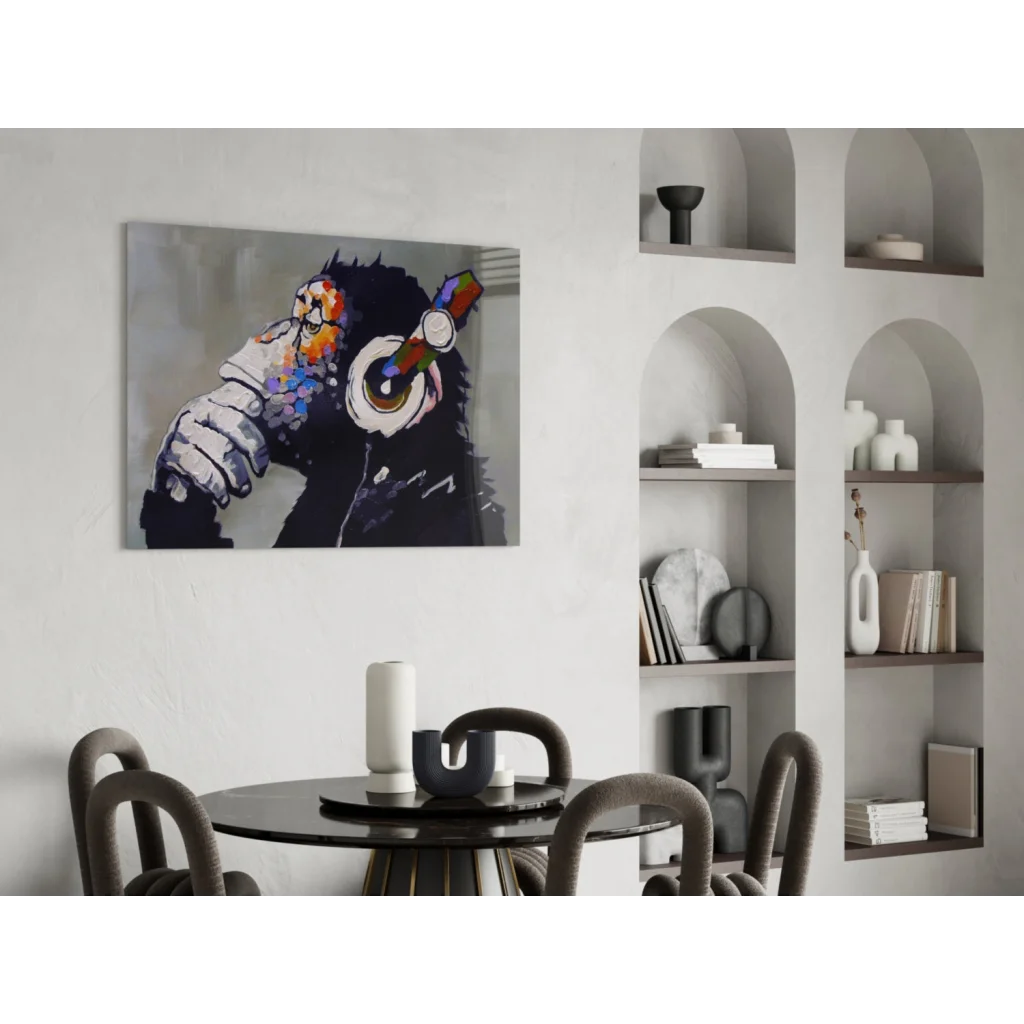 Vibrant abstract glass wall art of black monkey in headphones with colorful splashes