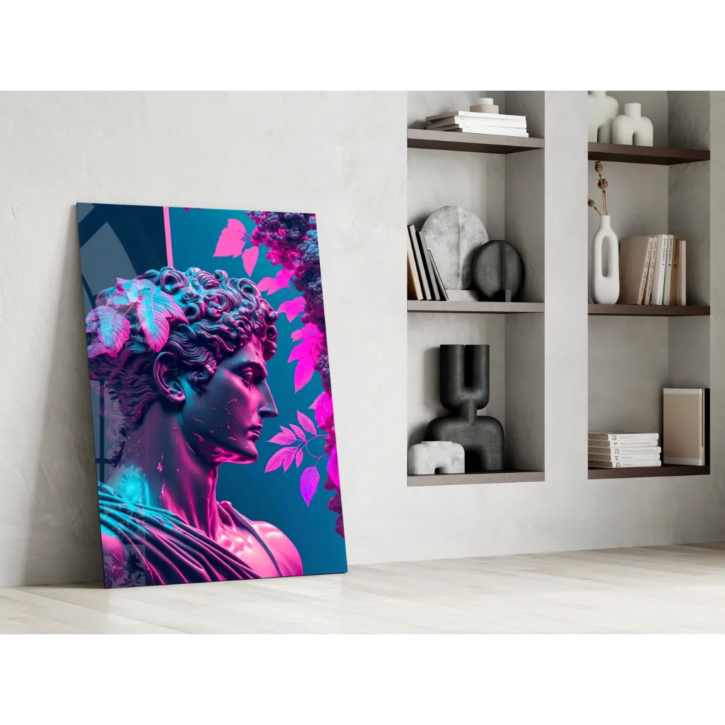 Vibrant neon pink cyan classical statue glass wall art with leaves