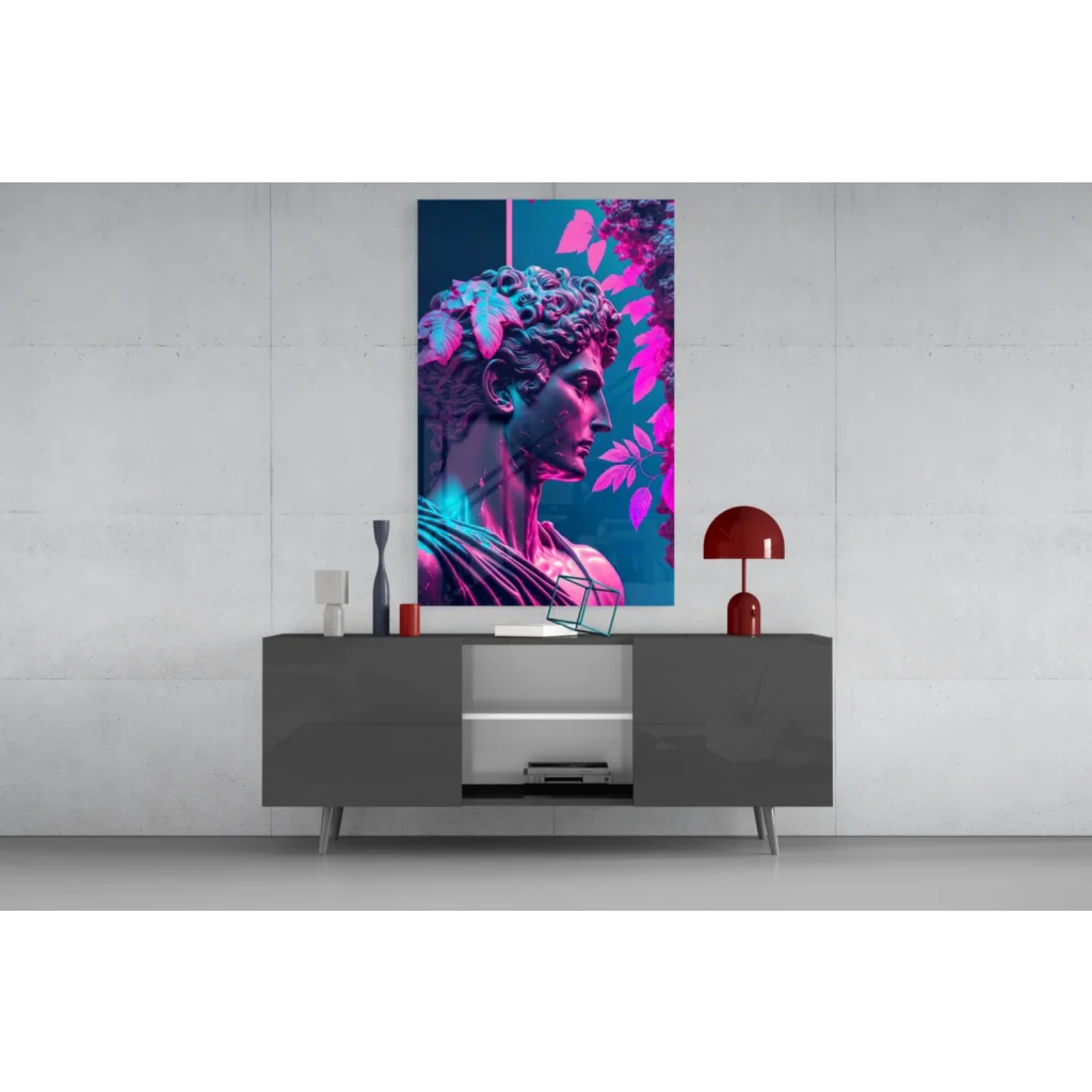 Vibrant neon pink cyan glass wall art of classical statue head with leaves
