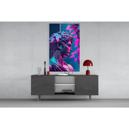 Vibrant neon pink cyan glass wall art of classical statue head with leaves