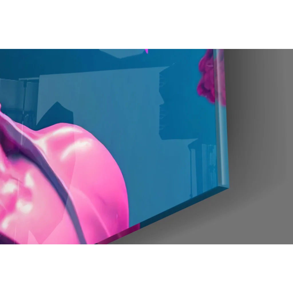 Vibrant pink glossy screen in blue frame on Neon Glow glass wall art