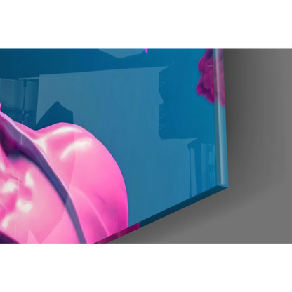 Vibrant pink glossy screen in blue frame on Neon Glow glass wall art