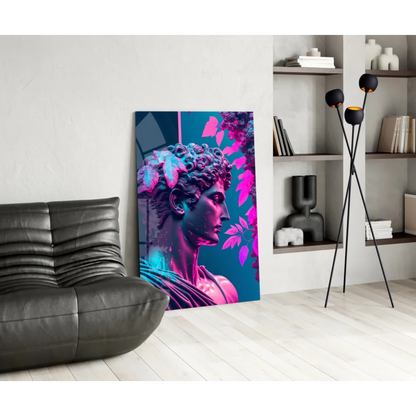 Vibrant neon pink cyan glass wall art of classical statue head with leaves