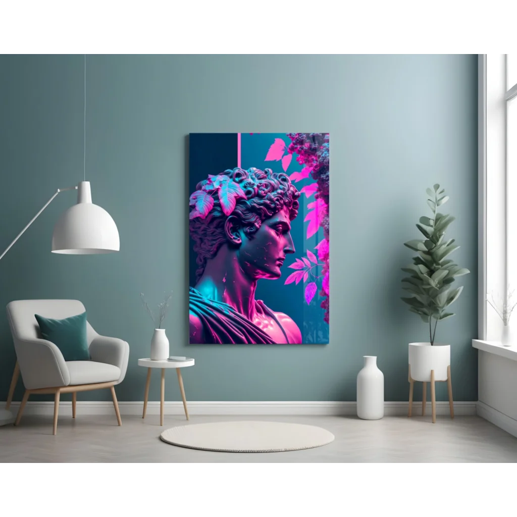 Neon Glow Classical Statue Glass Wall Art With Vibrant Leaves | Contemporary Home Wall Art | vintageantiquesgifts.com