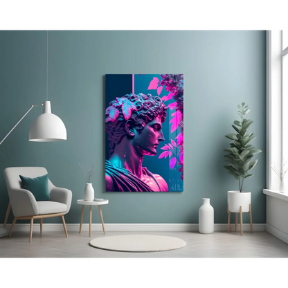 Neon Glow Classical Statue Glass Wall Art With Vibrant Leaves | Contemporary Home Wall Art | vintageantiquesgifts.com