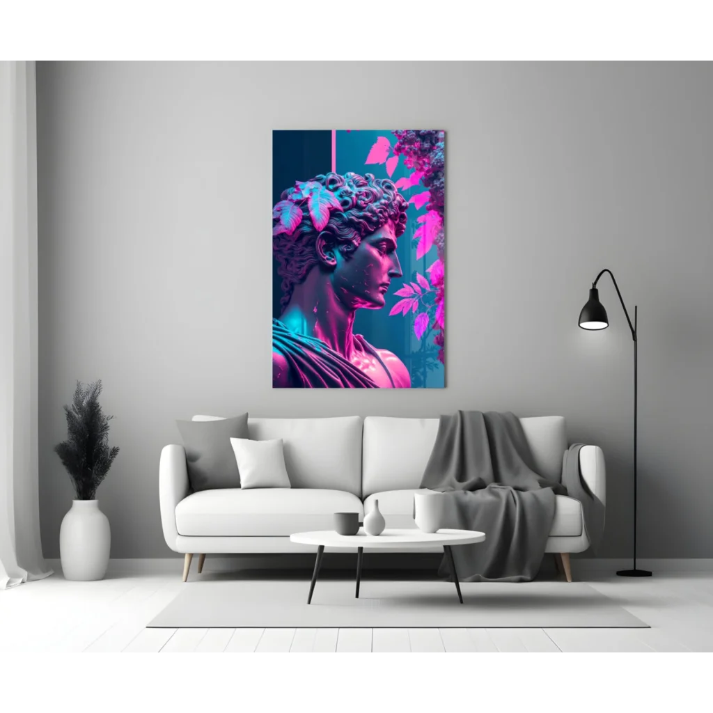 Neon Glow Classical Statue Glass Wall Art With Vibrant Leaves | Modern Wall Art Decor | vintageantiquesgifts.com