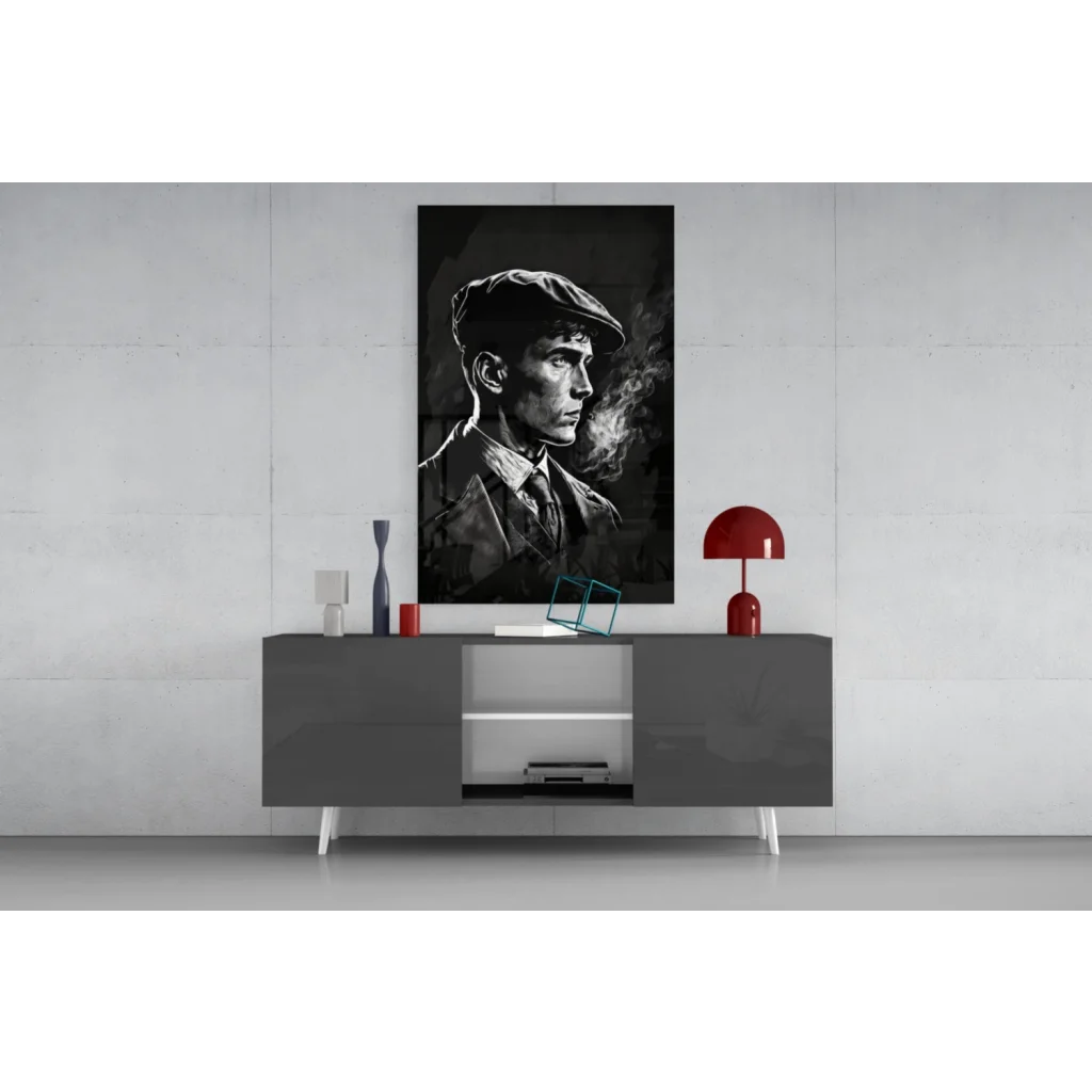 Vintage gangster in flat cap smoking on black-and-white glass wall art canvas