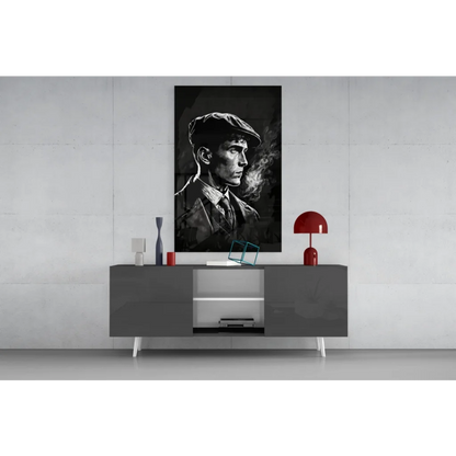 Vintage gangster in flat cap smoking on black-and-white glass wall art canvas