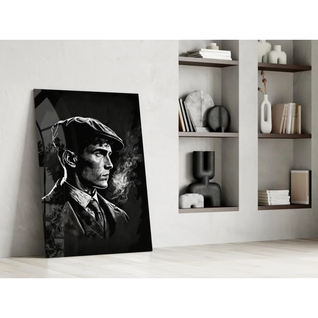 Vintage gangster glass wall art portrait of man in profile with smoke