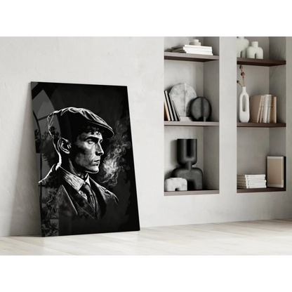 Vintage gangster glass wall art portrait of man in profile with smoke
