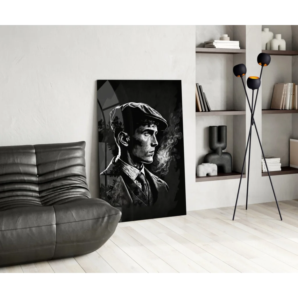 Vintage gangster in flat cap smoking, black-and-white glass wall art portrait